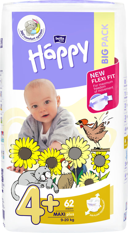 HAPPY MAXI PLUS autiņbiksītes, 4+ izmērs (9-20 kg) 62 gb.