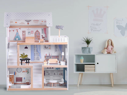 Wooden boho style dollhouse with led lights