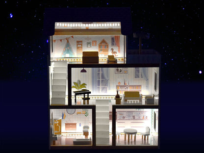 Wooden boho style dollhouse with led lights